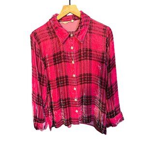 Surroundings Womens Pink Plaid‎ Button-Up Shirt PL Velvet Long Sleeve